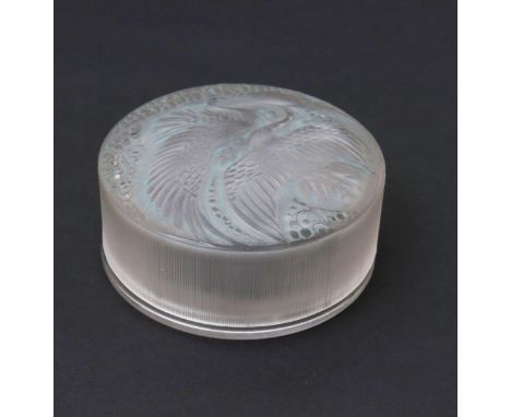  'Rambouillet' No.60 a Lalique clear and frosted glass box and cover designed by Rene Lalique, circular section, with blue st