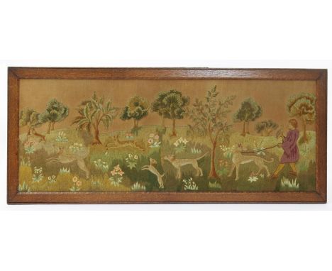  An Arts and Crafts embroidery panel,  rectangular depicting a medieval hunting scene, framed 98 x 40cm.