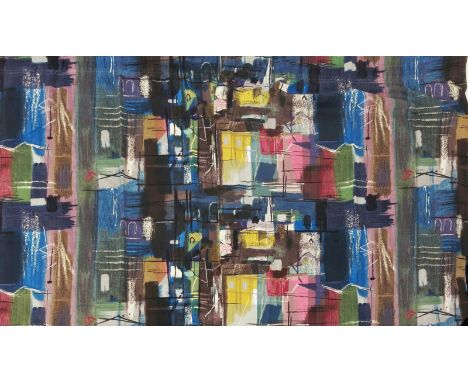  Stones of Bath a pair of Sanderson curtains designed by John Piper, screen printed in colours on a blue ground title details