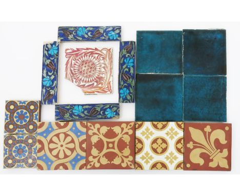  Six William De Morgan Persian border tiles, painted with carnation and tulip flowers, in shades of blue, green and aubergine