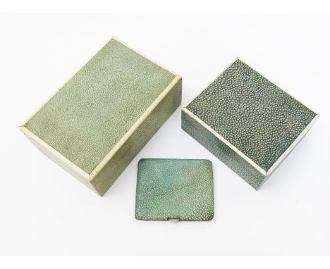  An Asprey shagreen and ivory box and cover, rectangular with hinged cover, another larger and a shagreen card case stamped m