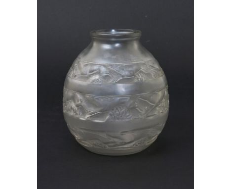  'Soudan' no. 1016 a Lalique clear and frosted glass vase designed by Rene Lalique, stencil R Lalique France, 18cm. high 