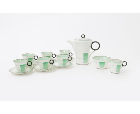  A Shelley Pottery Regent coffee set for six, pattern 12207, painted with geometric design in green, white and black highligh
