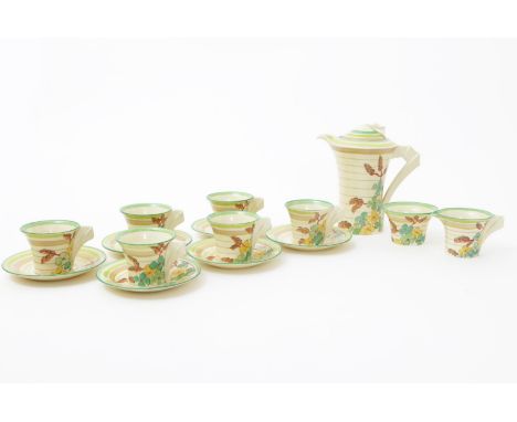 'Green Hydrangea' a Clarice Cliff Bizarre Daffodil coffee set for six, comprising coffee pot and cover, milk-jug and sugar b