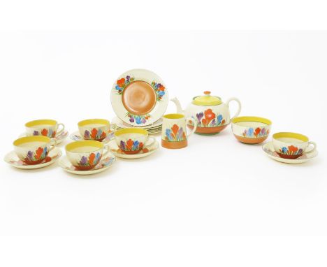  'Crocus' a Clarice Cliff Bizarre Globe tea set for six, comprising teapot and cover, milk-jug and sugar basin, six Globe cup