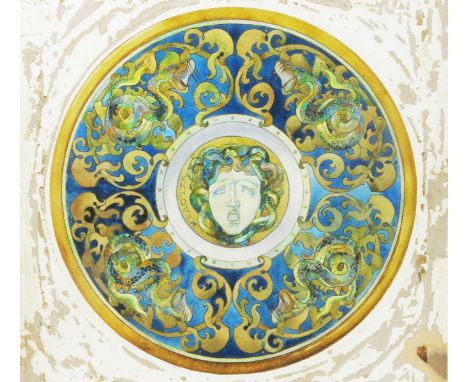  South Kensington School Medusa watercolour on board design for a ceramic charger, stamped ESK 53.5 x 49cm.