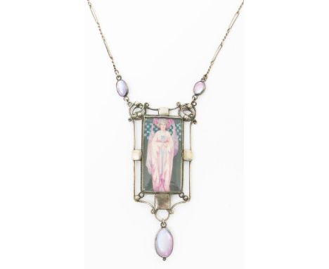  An Arts and Crafts silver necklace in the manner of R.C. Price,  the wirework frame set with central rectangular painted pan