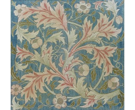 Acanthus a Morris & Co silk embroidered firescreen panel, woven silk in pink and green on a blue ground, in modern oak frame