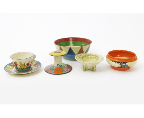  'Patina Tree' a Clarice Cliff Conical bowl, shape no.384, painted in colours with pale blue slip decoration, a Gay Day candl