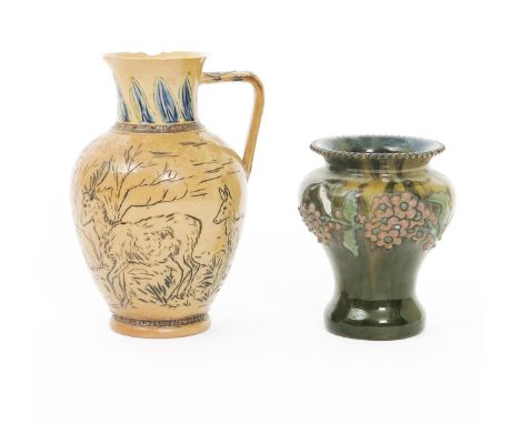  A Sunflower Pottery vase by Sir Edmund Elton, swollen for, applied with slip decorated flower spray in ochre and green on a 