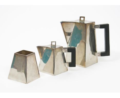  A Modernist electroplated trio, tapering square section with hinged cover and ebonised wood handles, comprising coffee pot a