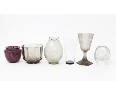  An Orrefors glass vase by Simon Gate, faceted smoked glass on applied foot, etched with Leda & the Swan, an Orrefors tall fl