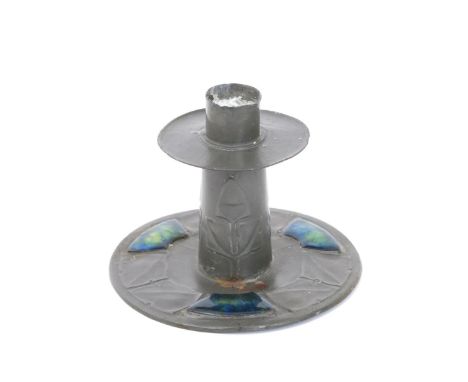  A Liberty & Co pewter and enamel candlestick designed by Archibald Knox, model no 0219, compressed cylindrical form with cir