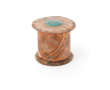  A hammered copper string box in the manner of Newlyn Industrial Classes, the cylindrical pot with flaring rim and cover with