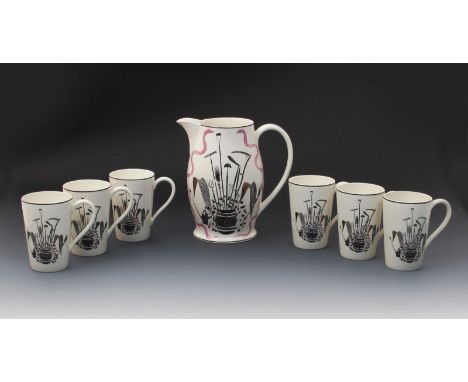  Garden Implements a Wedgwood lemonade set for six designed by Eric Ravilious, printed with vignette of garden tools and scen