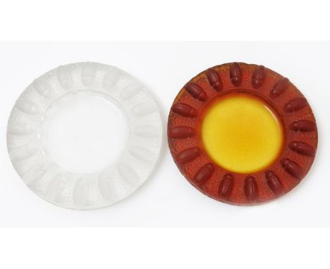  'Tabago' no.295  a  Lalique red glass cendrier, and another clear and frosted glass cendrier etched R Lalique France 14cm. d