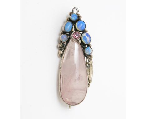  A Rose quartz and opal pin brooch by H.M.S, elliptical rose quartz set with pink stone and six opal stones, in foliate wirew