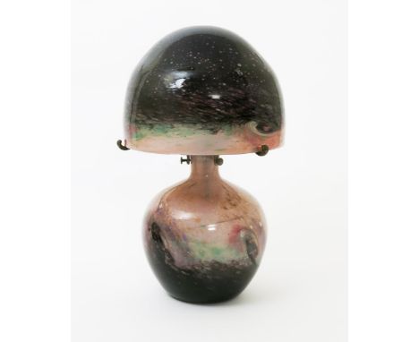  A Monart glass table lamp, model V 13:392, the ovoid vase pale pink graduating to purple with green spots and aventurine inc