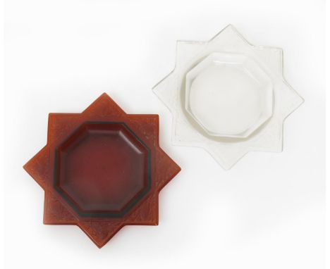  'Fauvettes' no.282 a Lalique red glass cendrier designed by Rene Lalique, and a Lalique 'Fauvettes' clear glass cendrier, et