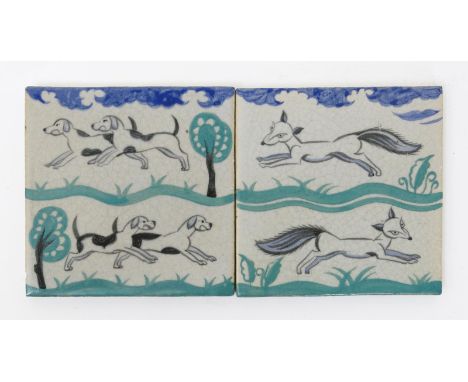  The Chase a pair of Carter's Poole Pottery tiles designed by Edward Bawden, circa 1922, painted with two foxes and a pack of