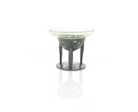  A Liberty & Co English Pewter and  Clutha glass coupe designed by Archibald Knox, model no.0276, the bowl cast and pierced w