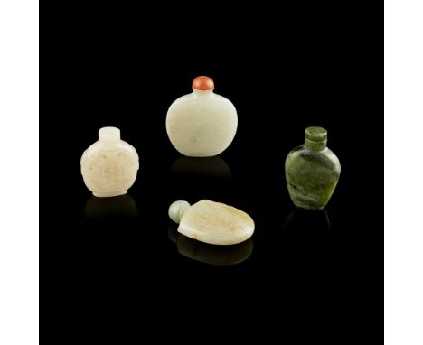 GROUP OF FOUR JADE SNUFF BOTTLES  LATE QING DYNASTY/REPUBLIC PERIOD   comprising: a flattened white jade bottle, one side car