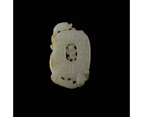 PALE CELADON JADE 'BOY AND DRAGON' PENDANT  carved and pierced with a boy in the hollow of a bi-disc relief highlighted by ar