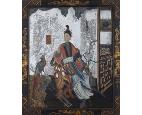 SET OF SIX REVERSE PAINTED MIRRORS  QING DYNASTY, LATE 18TH CENTURY   the first depicting a beauty adjusting her coiffure in 