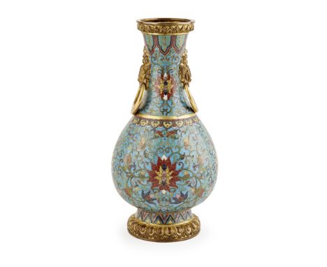 CLOISONNÉ ENAMEL VASE  the pear-shaped body supported on a splayed foot mounted on a circular lotus base, the neck applied wi
