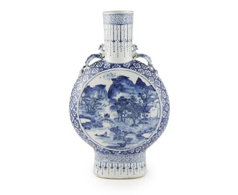 BLUE AND WHITE 'LANDSCAPE' MOON FLASK  QING DYNASTY, 19TH CENTURY   each side decorated with a circular medallion enclosing f