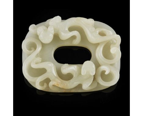 CELADON JADE 'CHILONG' DISC  carved in high relief with two chilong chasing one another on a pierced disc-form base, the ston