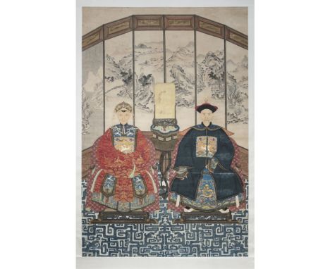 ANCESTOR PORTRAIT  LATE QING DYNASTY   depicting an official and his wife seated in front of a six-fold landscape floor scree