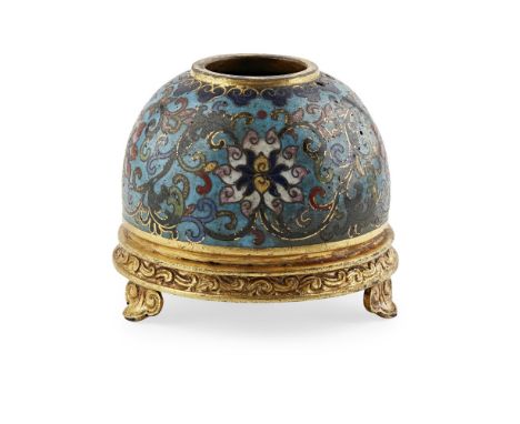 SMALL CLOISONNÉ ENAMEL BRUSH POT  QIANLONG MARK BUT LATER   delicately enamelled with four large lotus flowerheads borne on u