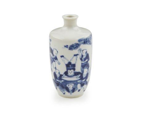 BLUE AND WHITE 'BOYS AT PLAY' SNUFF BOTTLE  QING DYNASTY, 19TH CENTURY   finely painted with an animated scene of sixteen boy