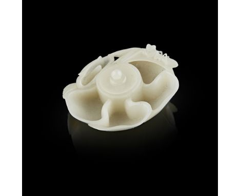WHITE JADE 'LOTUS' WASHER  well carved in the form of a blossoming peony flower with each petal forming a compartment of the 