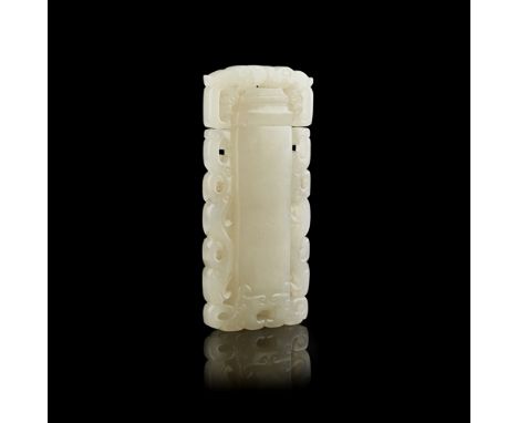 PALE CELADON JADE SNUFF BOTTLE  well carved in the form of a flattened cylindrical vase and cover with a pair of openwork car