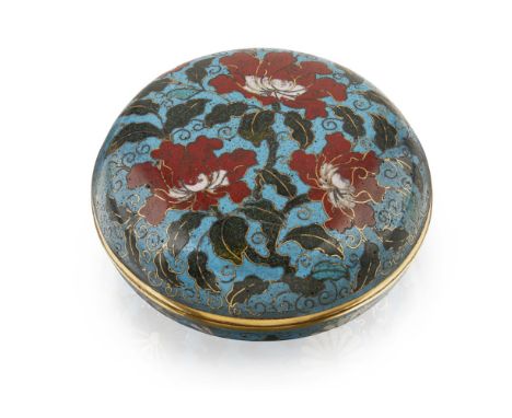 CLOISONNÉ ENAMEL CIRCULAR BOX AND COVER  the cover enamelled with four peony flowers on leafy tendrils, the sides of the box 