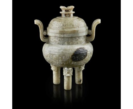 ARCHAISTIC JADE TRIPOD CENSER AND COVER  the compressed globular body supported on three cylindrical legs issuing from mythic