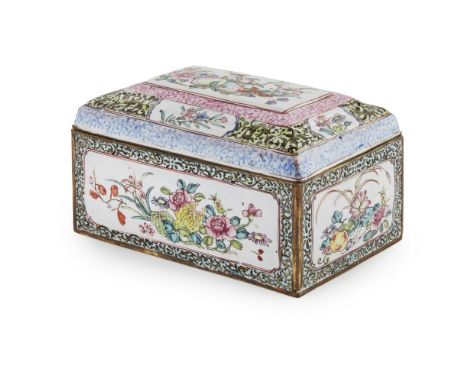 CANTON ENAMEL BOX AND COVER  QING DYNASTY, 18TH CENTURY   the graduated cover decorated in polychrome enamels with a rectangu