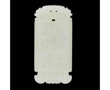 FINELY CARVED WHITE JADE 'LANDSCAPE' PENDANT  SIGNED SAN QIAO, QIANLONG MARK AND OF THE PERIOD   of rectangular shape surmoun