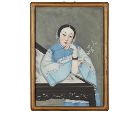 PAIR OF PORTRAITS OF A COURTESAN  QING DYNASTY, 19TH CENTURY   oil on canvas, each depicting a young lady seated wearing a pa