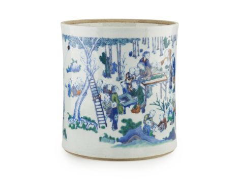 DOUCAI ENAMEL 'HUNDRED BOYS' BRUSHPOT  decorated in underglaze blue and overglaze green, yellow and red enamels with numerous