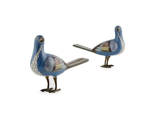 PAIR OF CLOISONNÉ ENAMEL MAGPIES  QING DYNASTY, 19TH CENTURY   each modelled with the head turned to one side, the body decor