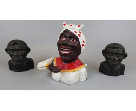 Metal Jolly Golly money box & 2 Jolly Golly head figures Mechanical cast iron banks were first manufactured in the late 1800s