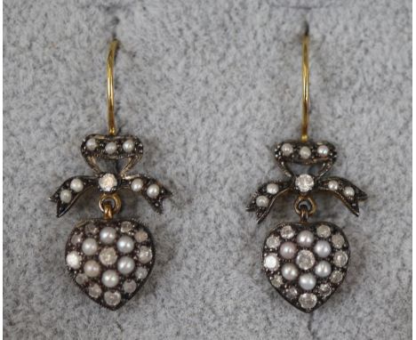 Pair of pearl &amp; diamond heart shaped drop earrings