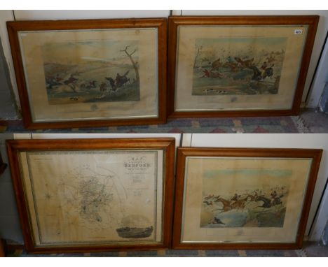 3 antique hunting prints &amp; map of Bedford