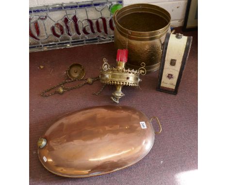 Copper warming pan, brass coal skuttle, hanging lamp &amp; bottle case