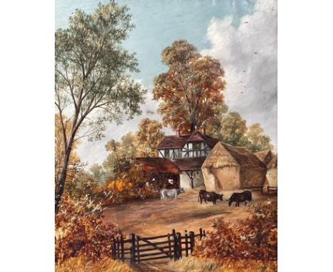 Titled 'Old farm II: Northfield, Worcestershire' on verso, framed, oil on canvas. A view of a farm yard populated with cattle
