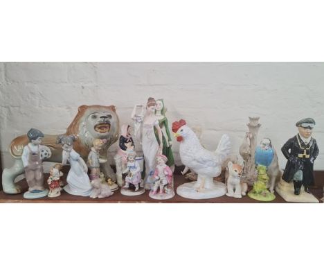 A collection of various china ornaments to include Beswick budgie, Nao figures, chicken, lion etc.