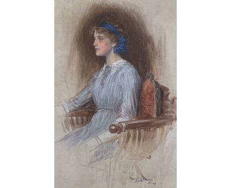 Percy F.S. Spence watercolour portrait of a young woman in a chair, with a blue scarf in her hair, (1911) signed and framed. 